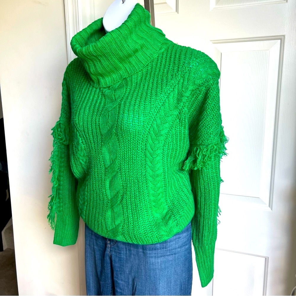 Trendy Threads Kelly Green Cable Knit Cowl Turtleneck Fringe Sweater